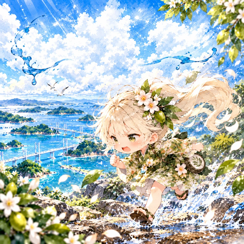 瀬戸内の風景のなかを駆けるうどんこちゃんのイメージイラスト
