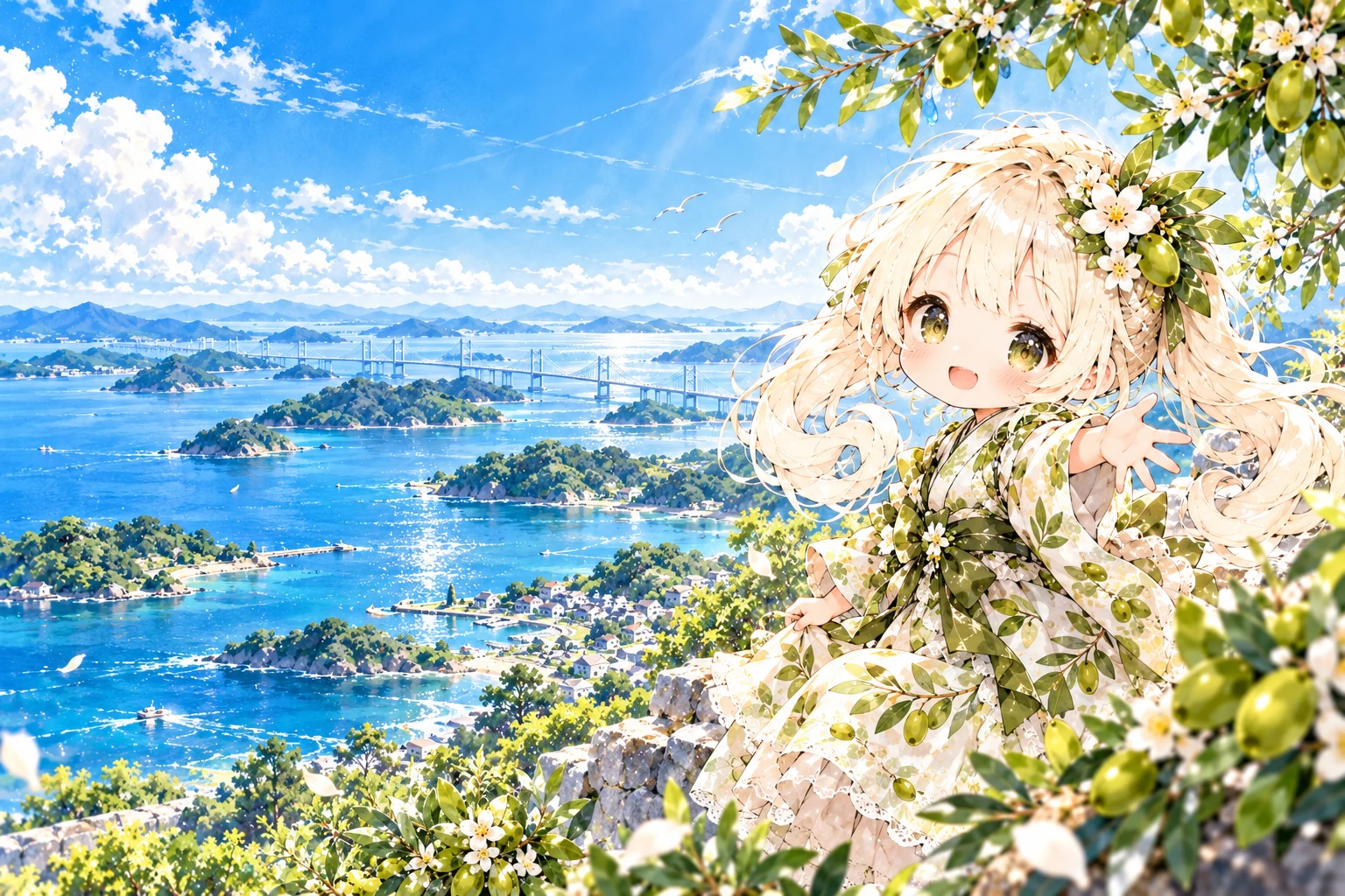 オリーブの花を髪に飾ったうどんこちゃん。青い瀬戸内海と島々を背景に、笑顔で手を差し伸べる。